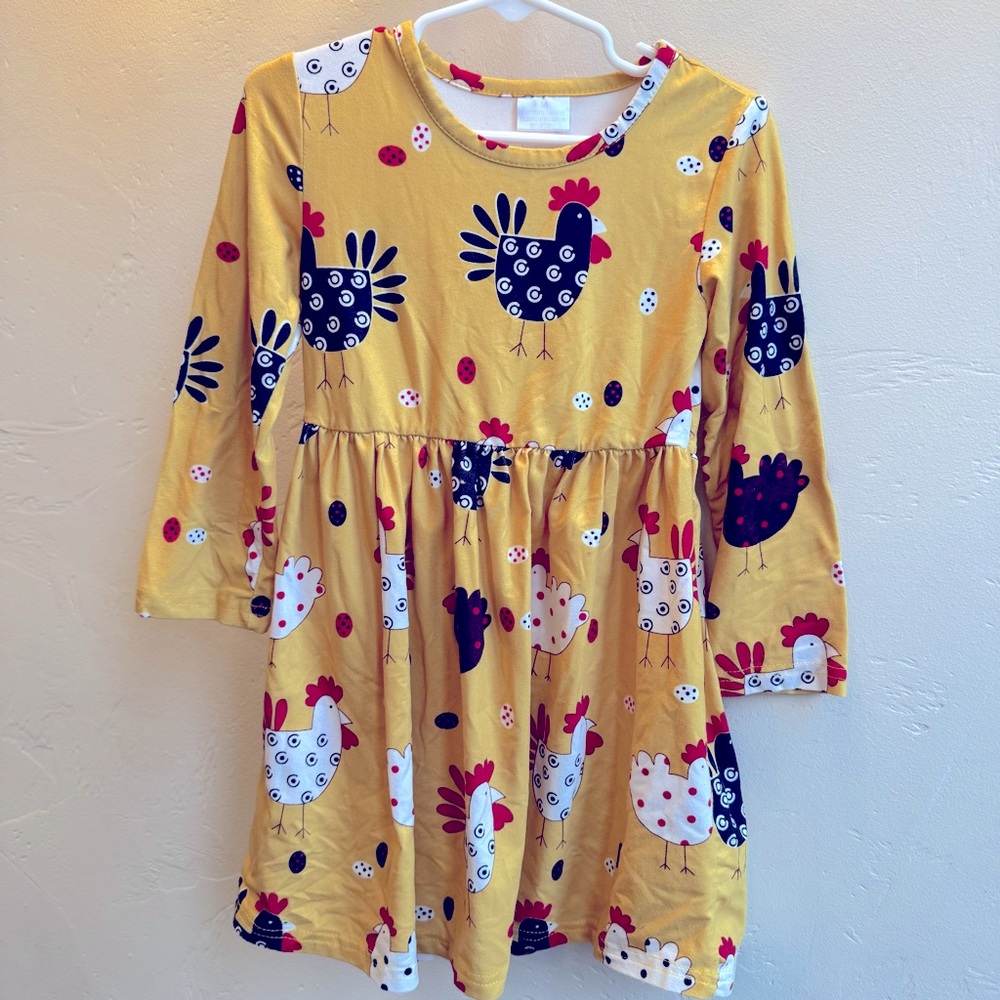 Girls long sleeve twirl Chicken print dress yellow black white 4T
